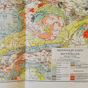 Geologisches Deutschland - original antike Karte von 1902 (Land, Stadt, Provinz, Region, Metropolregion, Kontinent, Flüsse, Meere, Geologische)