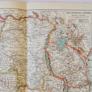 Äquatorialafrika europäischen Kolonialismus - original antike Karte von 1902 (Land, Stadt, Provinz, Metropolit, Deutschland, Frankreich, britisch)