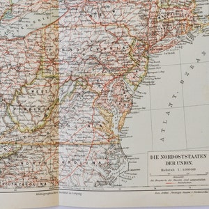 Nordosten der Vereinigten Staaten - original antike Karte von 1902 (Land, Stadt, Provinz, Region, Staaten, Indiana, Virginia, Kentucky, New York)