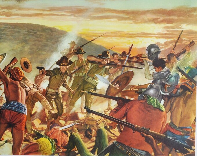 Knonking Out The Moros - Original Military Print from 1950s (us army in action corps american bagsak mountains jolo island 1913 philippines)