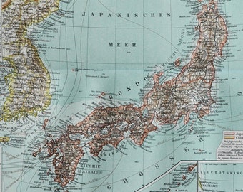 Japan & Korea - original antique map from 1902 (country, city, province, East Asia, Sea of Japan, Pacific Ocean, Okhotsk, Tokyo, Kiushiu)