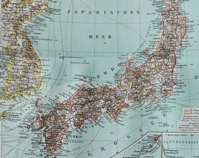 Japan & Korea - original antique map from 1902 (country, city, province, East Asia, Sea of Japan, Pacific Ocean, Okhotsk, Tokyo, Kiushiu)