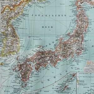 Japan & Korea - original antike Landkarte von 1902 (Land, Stadt, Provinz, Ostasien, Japanmeer, Pazifik, Okhotsk, Tokio, Kiushiu)