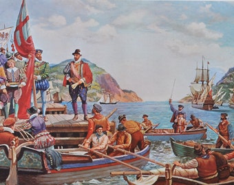 Sir Humphrey Gilbert - Original History Print from 1967 (canada, newfoundland, john cabot, Walter Raleigh, Queen Elizabeth, St John fishing)