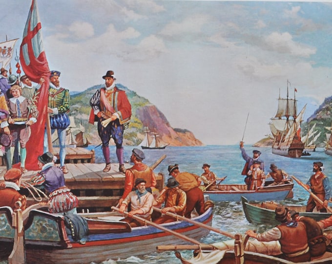Sir Humphrey Gilbert - Original History Print from 1967 (canada, newfoundland, john cabot, Walter Raleigh, Queen Elizabeth, St John fishing)
