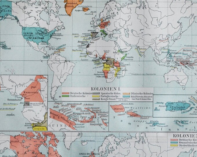 Colonial Powers in the World - original antique map from 1902 (country, city, province, Germany, Spain, Denmark, Italy Portugal Belgium USA)