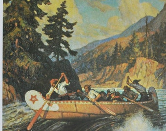 Le chef commerçant Archibald McDonald descend le fleuve Fraser - Gravure historique originale de 1968 (baie d'Hudson, shérif Scott, fort Langley)