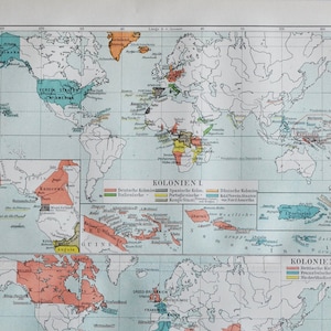 Kolonialmächte der Welt - original antike Landkarte von 1902 (Land, Stadt, Provinz, Deutschland, Spanien, Dänemark, Italien Portugal Belgien USA)