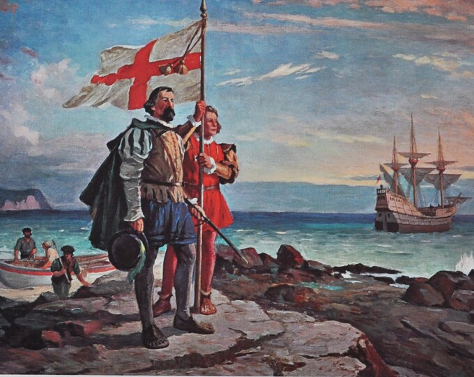 John Cabot - Original History Print from 1967 (italian navigator explorer. newfoundland, cape breton island, labrador, giovanni caboto)