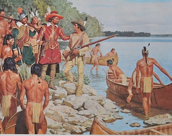 Champlain in Huronia - Original History Print from 1967 (Canada, New France, Georgian Bay, Lake Simcoe Ontario fur trade st. lawrence river)