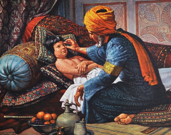 Rhazes and Arabic Medicine - Original Medical Print / Poster 1960s (history, pharmacy, Islam, Persian, Iran, measles, smallpox, al-Razi)