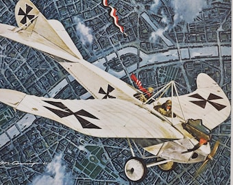 The Five O'Clock Taube - Original Military Print / Litho 1960's (ww1 plane, fighter pilot, Rumpler Taube, german, Ferdinand von Hiddessen)
