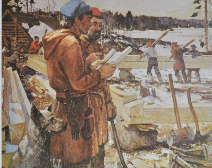 Samuel Hearne builds Cumberland House - Original History Print from 1968 (canada, hudson bay, fur trade, saskatchewan, settler, explorer)