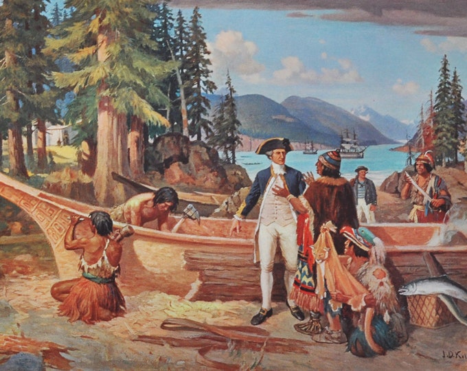 Captain James Cook - Original History Print from 1967 (british navigator, royal navy, louisburg, quebec, st. lawrence river, halifax harbor)
