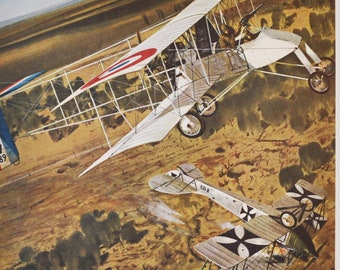 They Watched the First Dog Fight - Original Military Print / Litho 1960's (ww1 plane, fighter pilot, Voisin plane, Joseph Frantz, Aviatik)