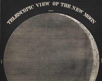 Telescopic View of the New Moon - original antique print 1871 (Smith's Illustrated Astronomy, universe stars planets nasa space apollo)