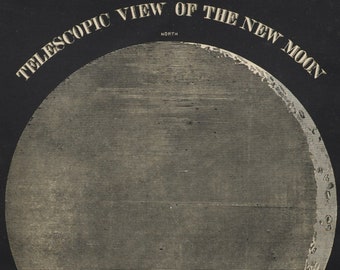 Telescopic View of the New Moon - original antique print 1851 (Smith's Illustrated Astronomy, universe stars planets nasa space apollo)