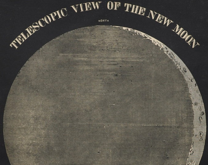Telescopic View of the New Moon - original antique print 1851 (Smith's Illustrated Astronomy, universe stars planets nasa space apollo)