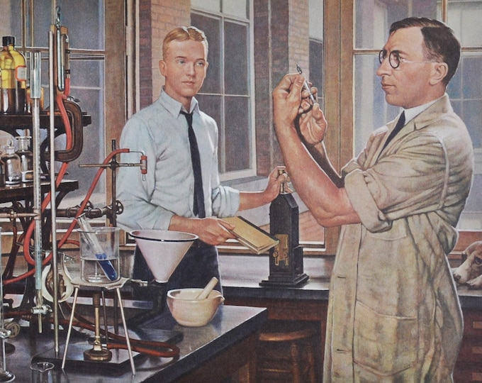 Frederick Banting & Charles Best: Diabetes - Original Medical Print / Poster 1960s (history, medicine, pharmacy biologist physiology canada)
