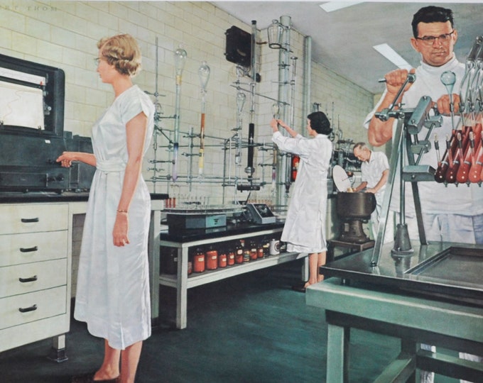 Pharmaceutical Research - Original Print / Poster 1950s (history of pharmacy, medicine, medical, antipyrine, science, drugs, life)