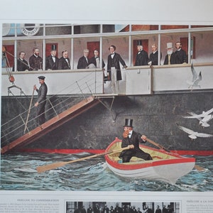 Op de afbeelding: Een ingelijste prent die een historische scène toont met een groot schip en een kleine roeiboot. Mannen in formele kleding bevinden zich op het dek van het schip en in de roeiboot. De prent bevat de tekst "Prelude to Confederation".