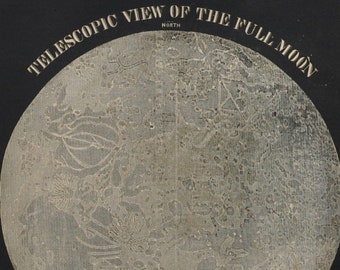 Telescopic View of the Full Moon - original antique print 1851 (Smith's Illustrated Astronomy, universe stars planets nasa space apollo)