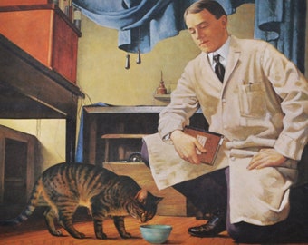 Walter Bradford Cannon : Physiologic Investigator, Original Medical Print / Poster 1960s (history, medicine, medical, pharmacy, cat)