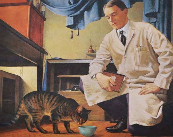 Walter Bradford Cannon : Physiologic Investigator, Original Medical Print / Poster 1960s (history, medicine, medical, pharmacy, cat)