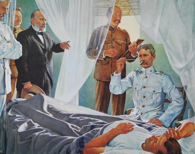 Walter Reed & Carlos Finlay - The Conquest of Yellow Fever, Original Medical Print / Poster 1960s (history, medicine, medical, pharmacy)
