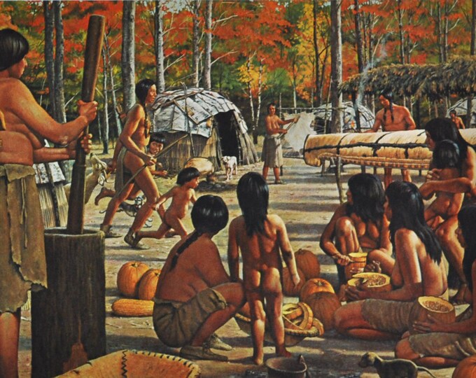 Michigan Indians: Algonquian Village - Original Michigan History Print from 1964 (natives, indigenous people, miigiwaam, quebec, canada)
