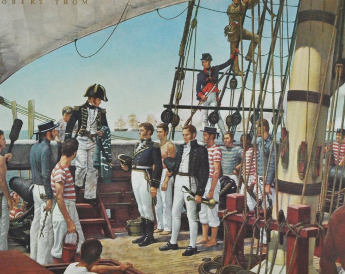 Perry Transfers to the Niagara - Original Michigan History Print from 1964 (flagship lawrence, captain elliott, gunners, anthony williams)