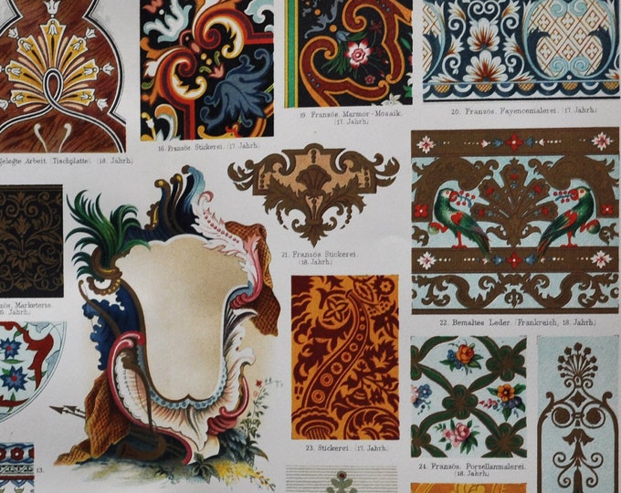 Ornaments IV (17th / 18th Century & Asia) - Original Antique Print - 1906 (Persian, French, Japan, China, Embroidery Enamel Silver Tapestry)