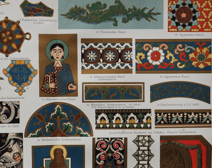 Enamels - Original Antique Print - 1906 (colors, patterns, Egyptian, Limoges, Russian, designs, China, Japan, France, porcelain, vitreous)