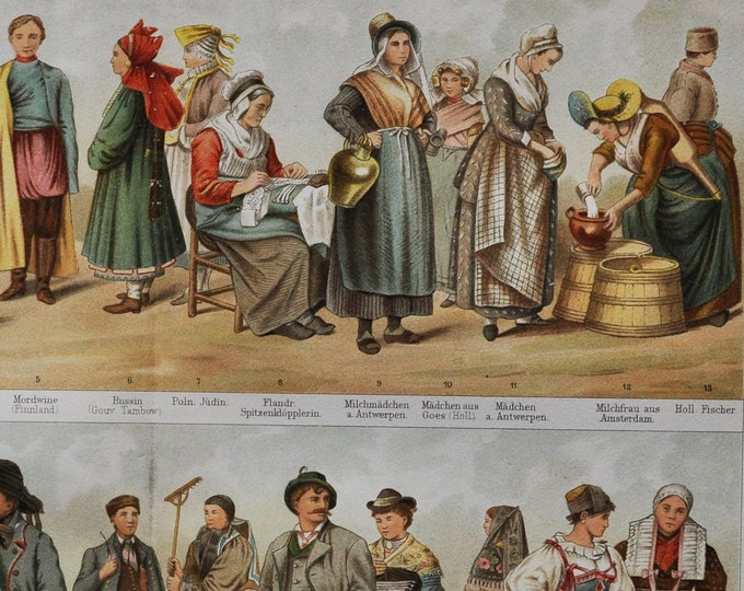 Folk Costumes I - Original Antique Print - 1906 (Clothes, Regional, National, Traditional Garment, Sweden, Finland, Russia, World, Norway)