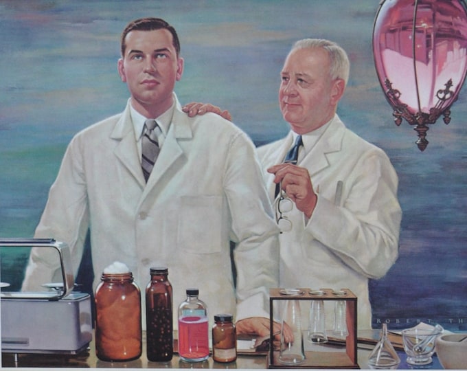 Pharmacy Today and Tomorrow, Original Vintage Lithograph 1950s (history of pharmacy, medicine, medical, teacher, student, science, drug)