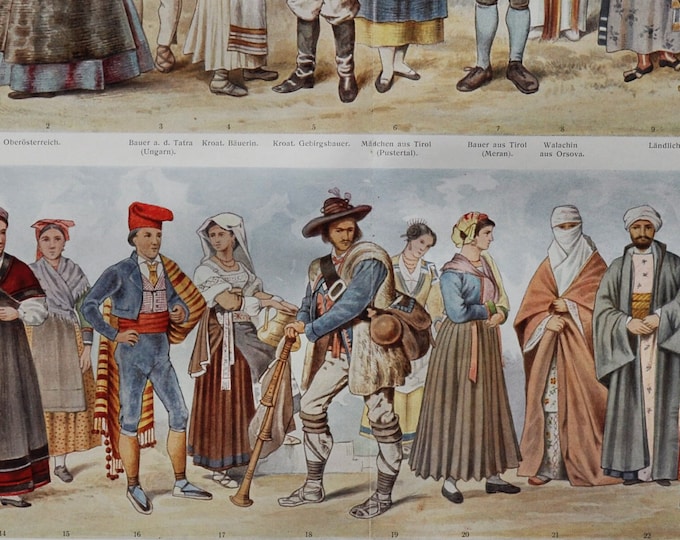 Folk Costumes II - Original Antique Print - 1906 (Clothes, Regional, National, Traditional Garment, Hungary, Spain, Turkey, Croatia, France)