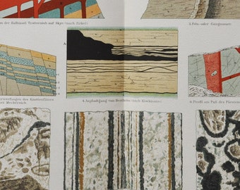 Geological Rock Profile - Original Antique Print - 1906 (mountain, layers, mineralogy, geography, slate, rock type, cocarde ore, calcite)