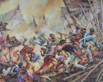 The Storming of Quallah Battoo, Sumatra 1832 - Original Military Print from 1985 (corps, navy, us army, usa war frigate marine, Kuala Batee)