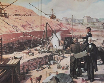 Charles Harvey Builds the Locks - Original Michigan History Print from 1964 (excavation sault ste marie, engineer, canal, fairbanks, brooks)