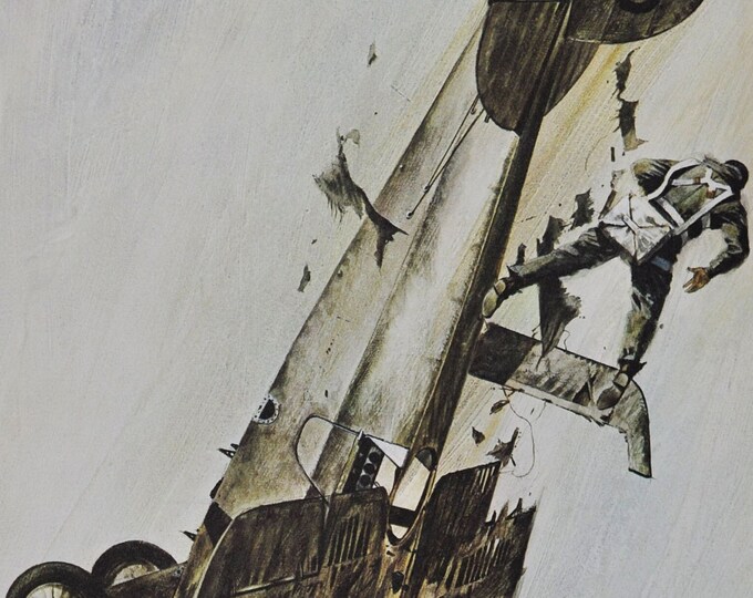 The First Bail-Out - Original Military Print / Litho 1960's (ww1 plane fighter pilot aviation history loening pursuit harold harris cockpit)
