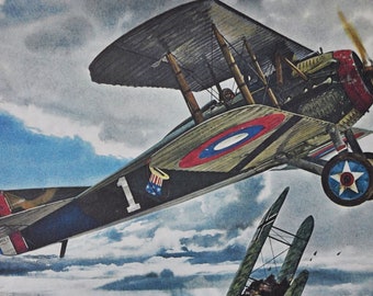 Rickenbacker America's Ace of Aces - Original Military Print / Litho 1960's (ww1 plane, fighter pilot, SPAD, Fokker, Halberstadt aircraft)