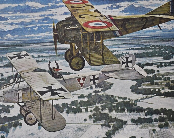 The Boy Legend - Original Military Print / Litho 1960's (ww1 plane, fighter pilot, french Georges Guynemer, SPAD VII, Albatros, airplane)