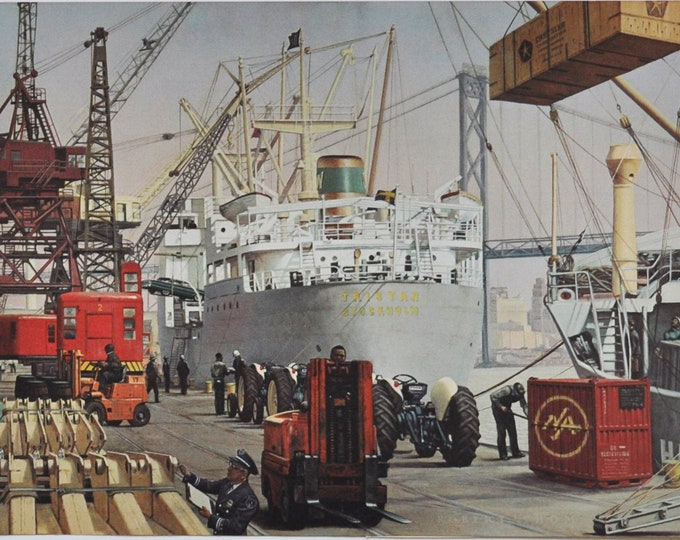Detroit World Port - Original Michigan History Print from 1964 (detroit harbor terminal, detroit river, rouge river, tristan stockholm, sea)