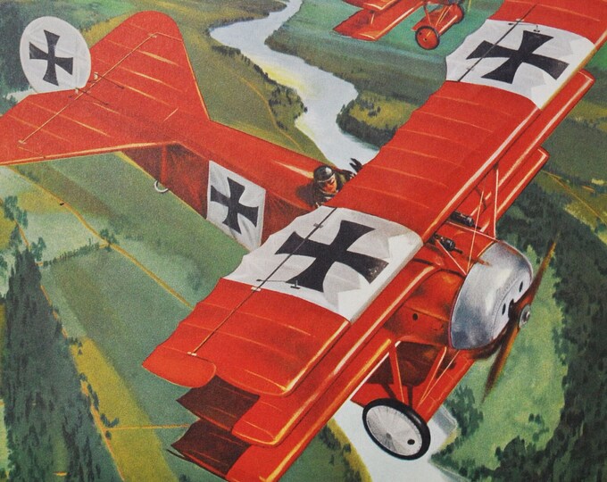 The Red Knight of Germany - Original Military Print / Litho 1960's (ww1 plane, fighter pilot, Fokker Dr.I, Red Baron Manfred von Richthofen)