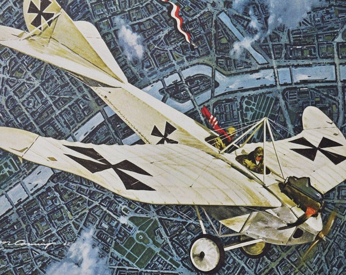 The Five O'Clock Taube - Original Military Print / Litho 1960's (ww1 plane, fighter pilot, Rumpler Taube, german, Ferdinand von Hiddessen)