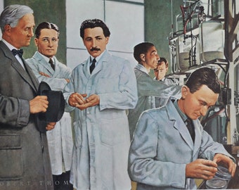 Dr. Alexander Fleming: The Era of Antibiotics - Original Medical Print / Poster 1960s (history pharmacy Howard Florey Ernst Chain penicillin