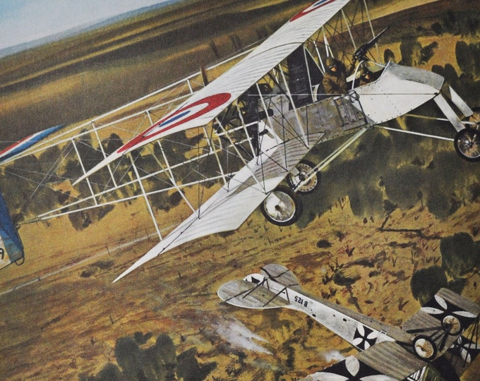 They Watched the First Dog Fight - Original Military Print / Litho 1960's (ww1 plane, fighter pilot, Voisin plane, Joseph Frantz, Aviatik)