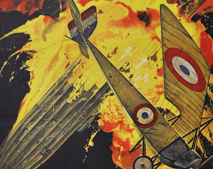 Warneford and Goliath - Original Military Print / Litho 1960's (ww1 plane fighter pilot royal navy air belgium zeppelin morane parasol)