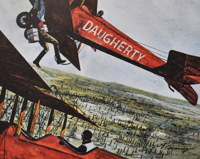 The First Of The Flying Tankers - Original Military Print / Litho 1960's (ww1 plane fighter pilot aviation history wes may jn-4 refueling)