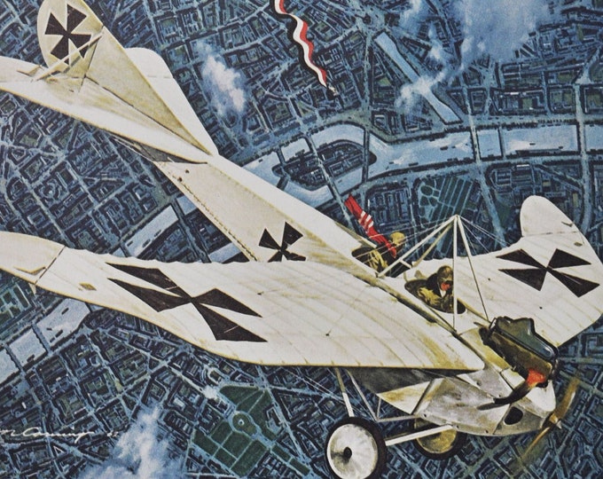 The Five O'Clock Taube - Original Military Print / Litho 1960's (ww1 plane, fighter pilot, Rumpler Taube, german, Ferdinand von Hiddessen)